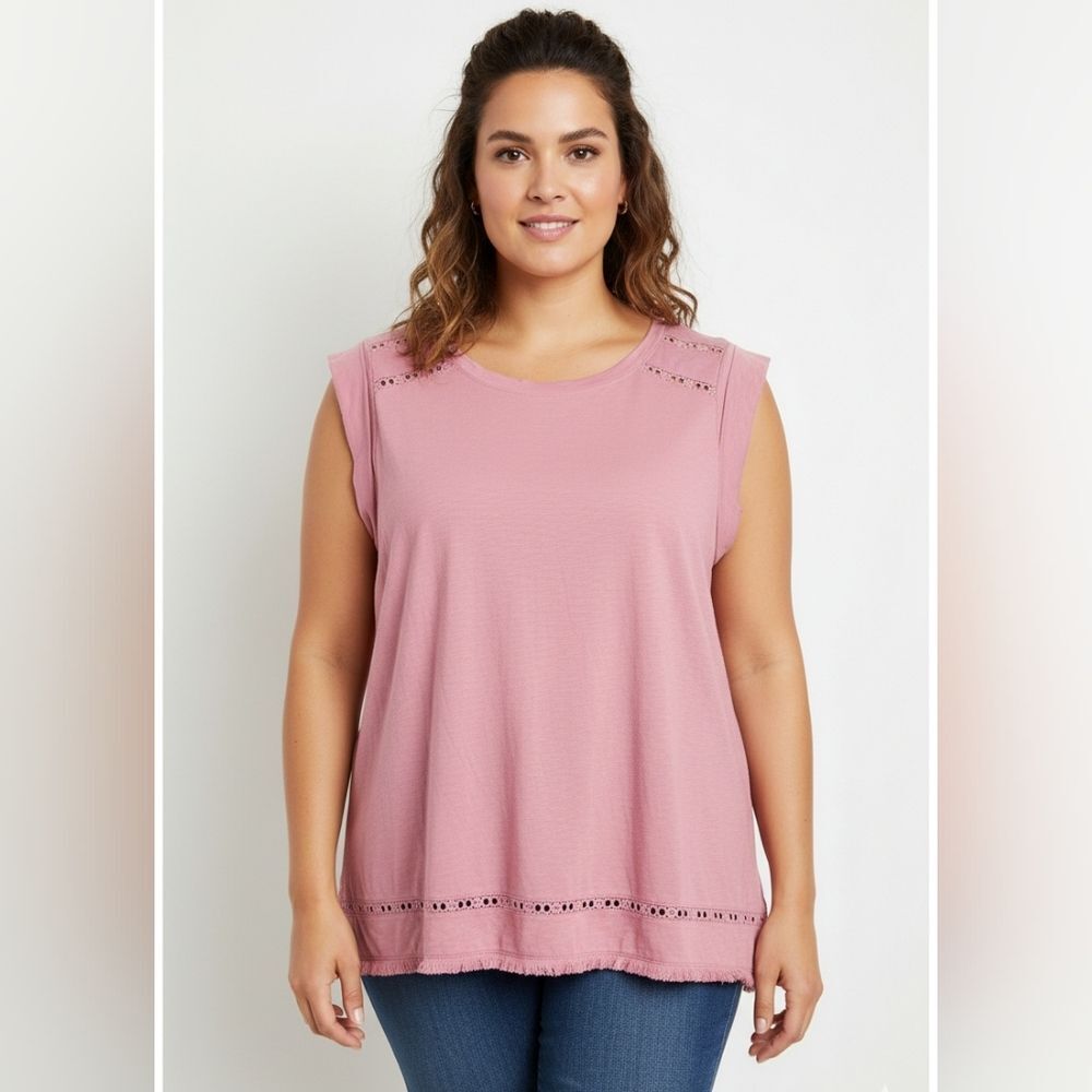 dip Women's Pink Distressed Eyelet Hem Sleeveless/Muscle Tee Size XL EUC